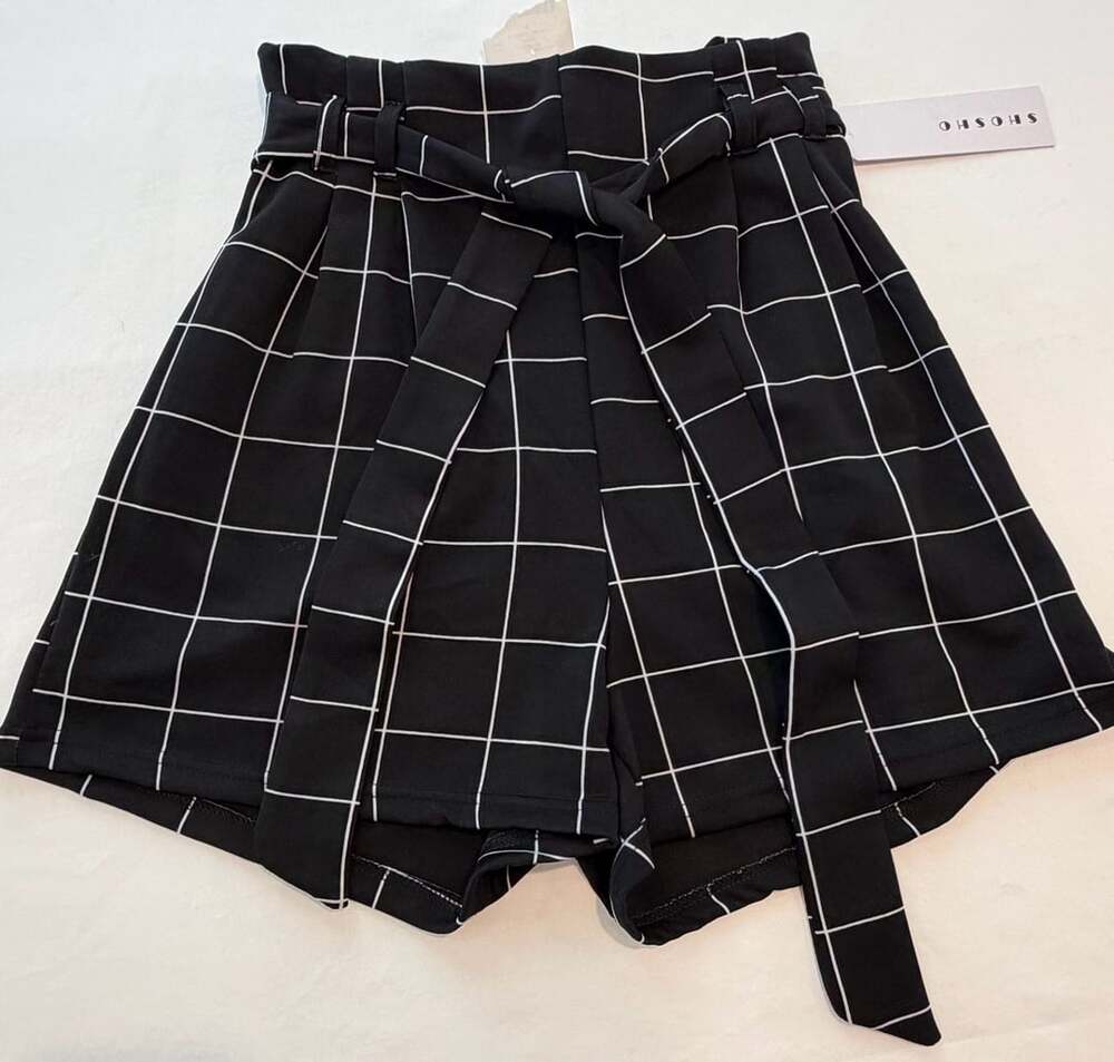 Shosho Black & White Grid Check Paperbag Waist Tie Shorts Size S